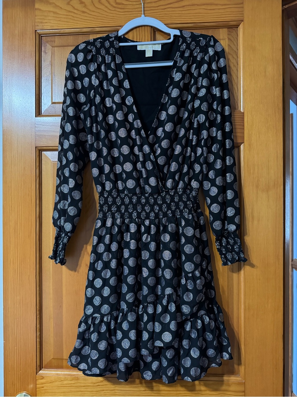 Michael Kors Black Long-Sleeve Silver Polka Dot Dress